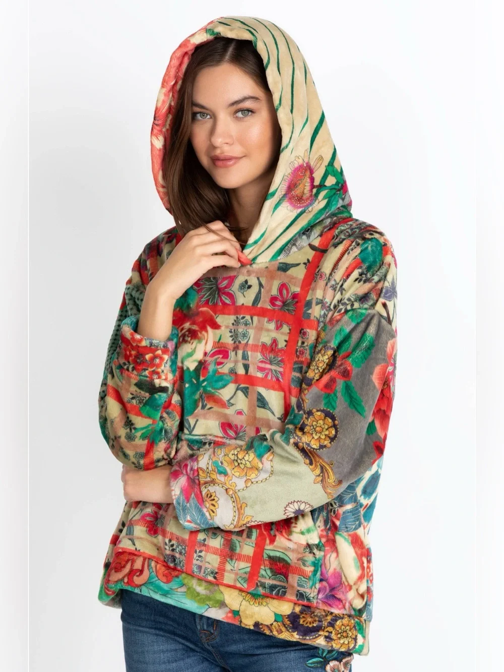 Johnny Was Biya Chanel Sherpa Pullover Hoodie in Floral and Plaid